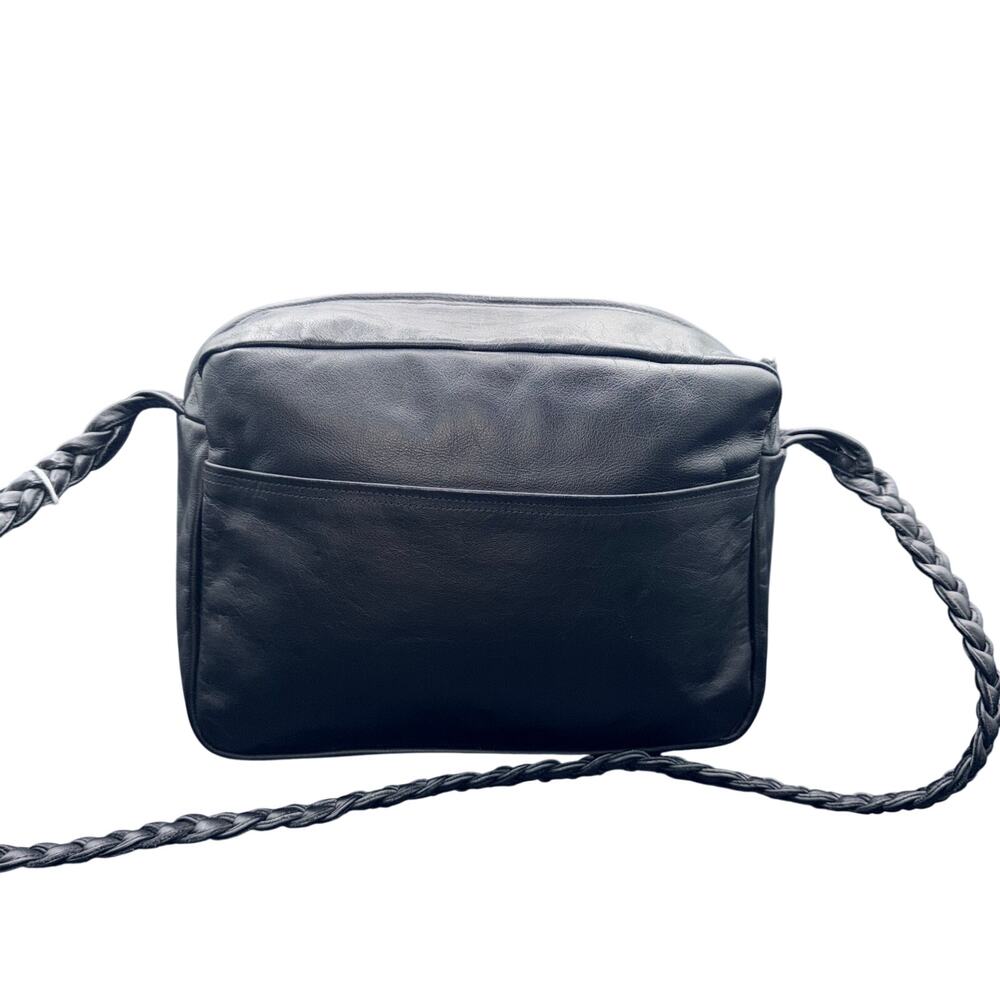 Handmade Black Leather Crossbody Shoulder Bag Braided Strap Zip Top